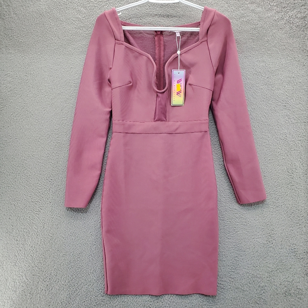 WOW Couture Bodycon Dress Midi Long Sleeve Mauve Mesh Detail NWT